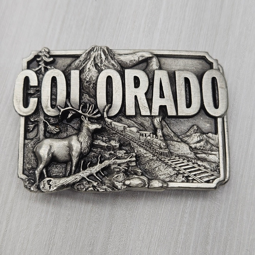 Vintage 1983 Siskiyou Buckle Co Colorado Belt Buckle Elk Train Mountains B-22
